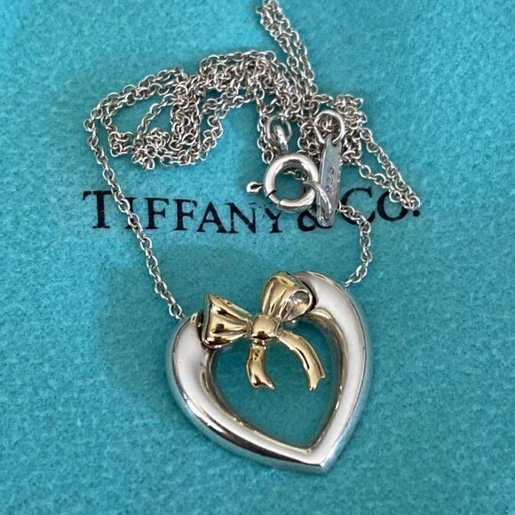 Tiffany & Co. 18K Gold & Sterling Silver Heart & Bow Ribbon Necklace - Picture 10 of 10